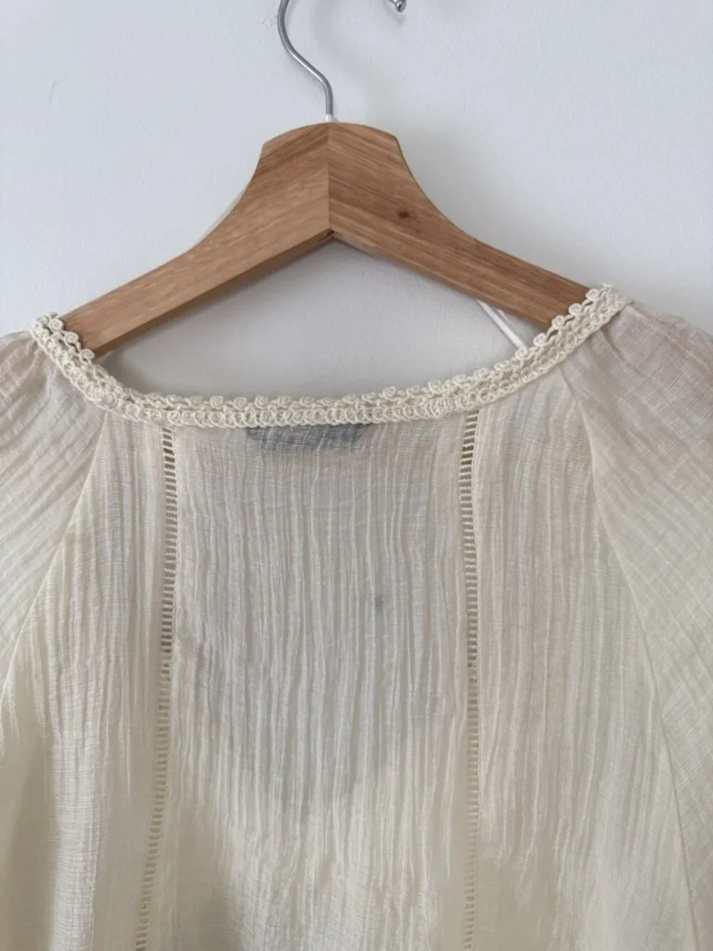 Zara Crochet Contrast Sheer Babydoll Blouson Top In Ecru Ivory Cottage Dainty S